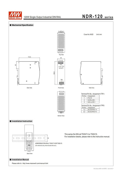12 Pack Switch Mode DIN Rail Power Supply 120W 90 To 264V AC Input 12V DC Output Slim Economical Module For Industrial Automation And Control Systems Compact Durable Enclosed Design technical drawing with front and side views