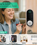 Woman installing Built In WiFi Fingerprint Smart Deadbolt With Keypad Keyless Entry Lock For Home And Airbnb No Hub Or Gateway Needed Remote App Access Auto Lock DIY Setup Alexa And Google Compatible on door.