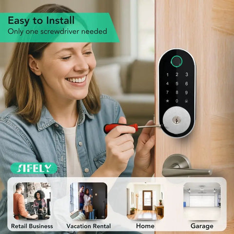 Woman installing Built In WiFi Fingerprint Smart Deadbolt With Keypad Keyless Entry Lock For Home And Airbnb No Hub Or Gateway Needed Remote App Access Auto Lock DIY Setup Alexa And Google Compatible on door.