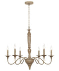 Montreal 29 Inch Six Light French Country Chandelier with adjustable height in smoked birch finish for rustic farmhouse and modern living spaces.