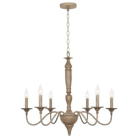 Montreal 29 Inch Six Light French Country Chandelier with adjustable height in smoked birch finish for rustic farmhouse and modern living spaces.