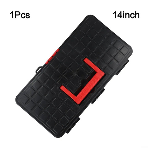 14-Inch Rugged Plastic Tool Box With Snap Lock Buckle Top features a black body with red handle, ideal for home repairs and gear storage.
