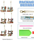 Six Piece DIY 5D Sewing Machine Diamond Painting Keychain Kit Set Double Sided Special Shape Dope Accessory For Backpack Purse Bag And Daily Carry Great Gift For Adults And Craft Fans displayed with diamond tools, rhinestones, and lobster chains.
