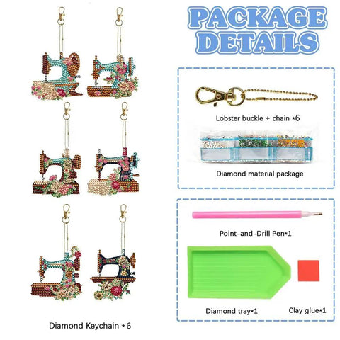 Six Piece DIY 5D Sewing Machine Diamond Painting Keychain Kit Set Double Sided Special Shape Dope Accessory For Backpack Purse Bag And Daily Carry Great Gift For Adults And Craft Fans displayed with diamond tools, rhinestones, and lobster chains.