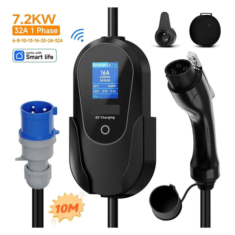 Road Trip Ready Portable Sae J1772 Ev Charger With 7.2Kw Fast Charging features a digital display and a 10m power cord.