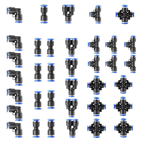 Get This Awesome 32 Piece Pneumatic Fittings Kit With Push To Connect Air Hose Connectors For Quick And Easy Setup On Your Precision Automation Gear Including Straight Elbow Tee Y Splitter Types Perfect For 4 6 8 And 10mm Tubing Hoses. 32-piece black push-to-connect pneumatic fittings kit, assorted straight, elbow, tee, and Y splitter connectors for 4-10mm tubing