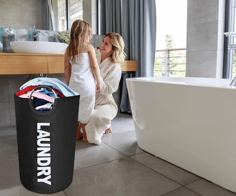 X Large 115L Collapsible Laundry Basket Stand Up Hamper Two Pack Black And Dark Grey With Padded Handles in bathroom setup