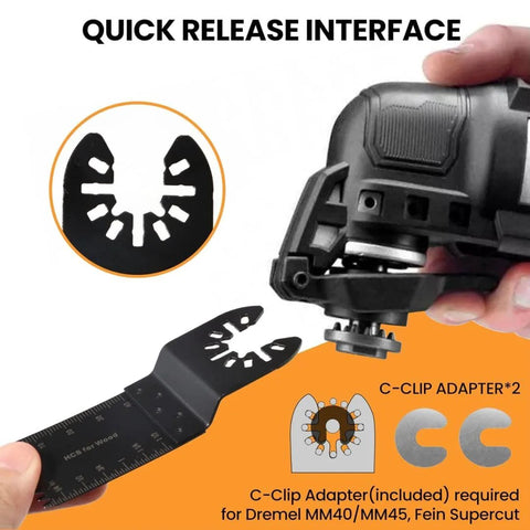 Side view of CONNOO 158-pack oscillating tool blade set with quick-release interface