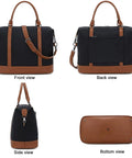 Black Weekender Travel Bag For Women with brown accents, canvas duffel tote, water-resistant Oxford fabric, front, back, side, and bottom views.