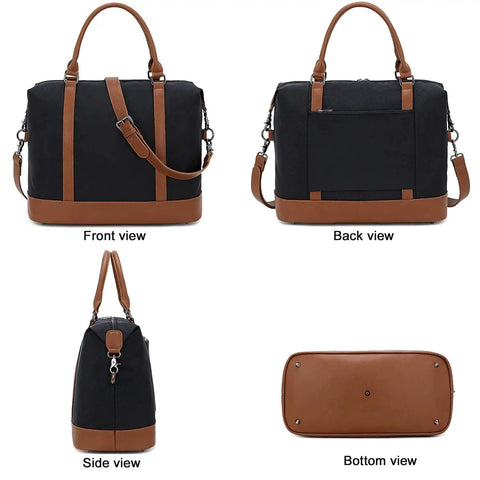 Black Weekender Travel Bag For Women with brown accents, canvas duffel tote, water-resistant Oxford fabric, front, back, side, and bottom views.
