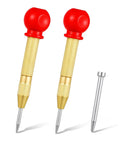 Two Pack Automatic Center Punch 5 Inch Brass Spring Loaded Hammerless Tool With Comfy Palm Wrap For Metal Wood Plastic And Emergency Glass Breaker Delivers Dead On Alignment Every Time, showing two brass center punches and a silver replacement tip.