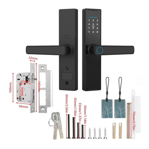 Premium Wireless Smart Door Lock Featuring Biometric Finger Scan And Numeric Keypad Interface Enabling Decoy Code Defense To Block Snoops Plus Instant Grip Activated Handling For Breezy Daily Grind Access. Black smart lock with keypad and handle.