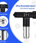 No Fuss Airless Paint Sprayer Kit With 25 Ft Hose And Three Reversible Tips showcasing a 211 spray tip with engineering plastic and tungsten steel.