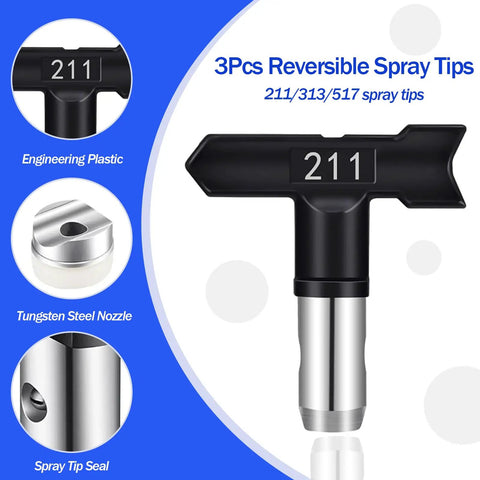 No Fuss Airless Paint Sprayer Kit With 25 Ft Hose And Three Reversible Tips showcasing a 211 spray tip with engineering plastic and tungsten steel.
