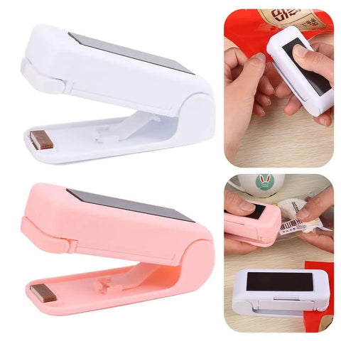 Slick Mini Portable Handheld Bag Sealer For Fresh Snack Storage And Grocery Plastic Packaging Clamps Hassle Free Heat Seal Tool Compact Kitchen Gadget White and pink bag sealers with open handles.