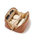Open flat Travel Makeup Bag For Women With Large Capacity, Waterproof Cosmetic Pouch, brown, showcasing interior dividers and items.