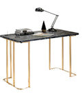 Adjustable Standing Computer Desk With Built Storage And Power Port, Sleek Faux Marble Work Table For Home Office, Gold Metal Frame study setup with lamp and books.