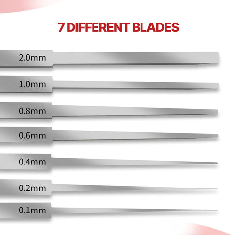 Top Shelf Scribe Tool Set Featuring Seven Durable Steel Blades Ranging From 0.1 To 2.0mm, showing different blade sizes.