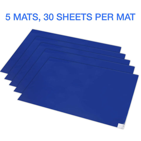 Sticky Adhesive Mats For Shoes And Equipment Wheels 24 By 36 Inch Heavy Duty Floor Mats Pack Of 150 Sheets Blue Great For Labs Homes Construction Sites And More Dust And Dirt Removal, 5 mats stacked