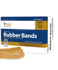 Bulk box of Thick Natural Crepe Rubber Bands Size 64 with bands displayed; packaging showing office use details.