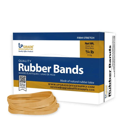 Bulk box of Thick Natural Crepe Rubber Bands Size 64 with bands displayed; packaging showing office use details.