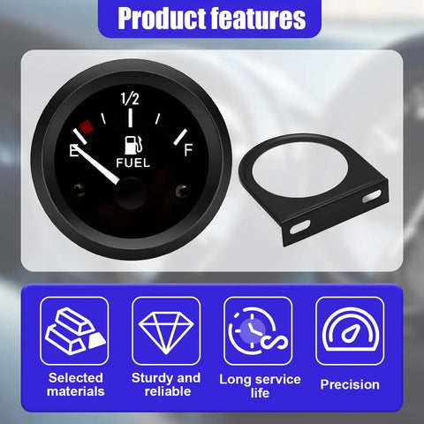 2 Inch 52mm 12V Gas Gauge Kit With Nut And Bracket Universal Fit For Car RV Boat Yacht Marine And Motorcycle Dash Meter 240 33 Ohm Sender E One Half F Pointer Black with bracket and icons for features.