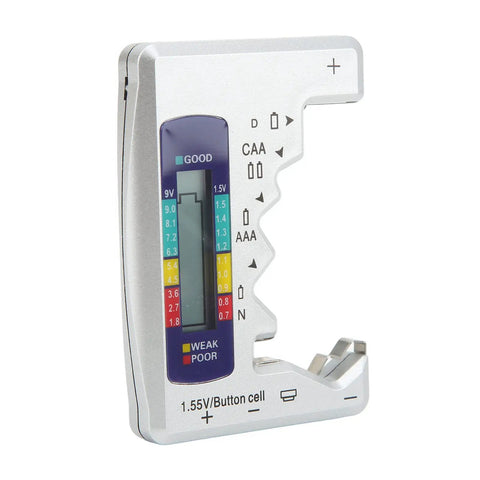 LCD Universal Battery Checker for AA AAA C D 9V and 1.5V Cells with Three Color Readout Red Yellow Blue and Pro Grade Battery Capacity Meter for Home Use Everyday handheld tester