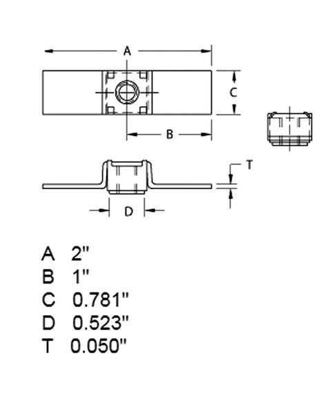 Technical drawing of 10 Pack 3/8-16 Floating Cage Nuts Self Aligning Weld Fasteners dimensions and measurements.
