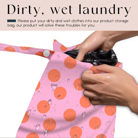 Hand placing item in Coral Pink Polka Dot Wet Bag And Dry Bag For Beach And Pool Waterproof, Machine Washable And Reusable Swim Tote.