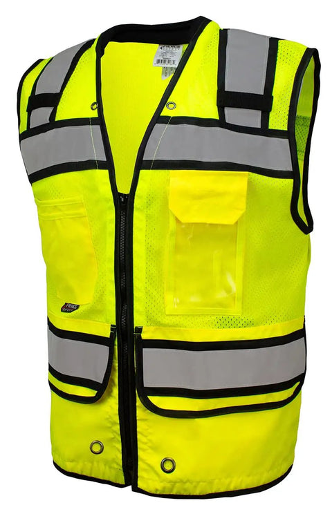 Class 2 High Visibility Safety Vest In Neon Green With Hella Breathable Mesh Back And No Sweat Neck Padding For Heavy Duty Construction Sites Demanding Top Tier ANSI Compliance with reflective strips and pockets.