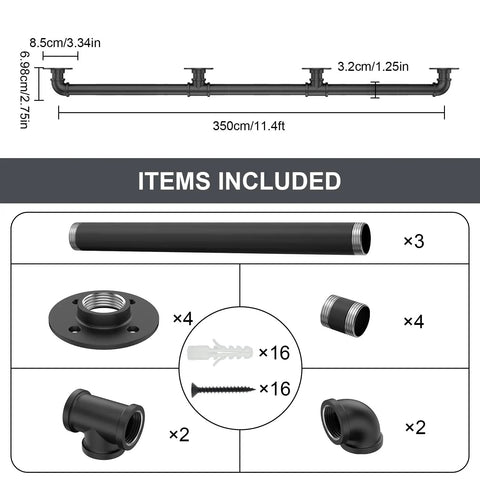 Components of the 10 Ft Industrial Black Pipe Handrail For Stairs Wall Mount Kit 1.3 Inch Diameter Grab Bar Rail.