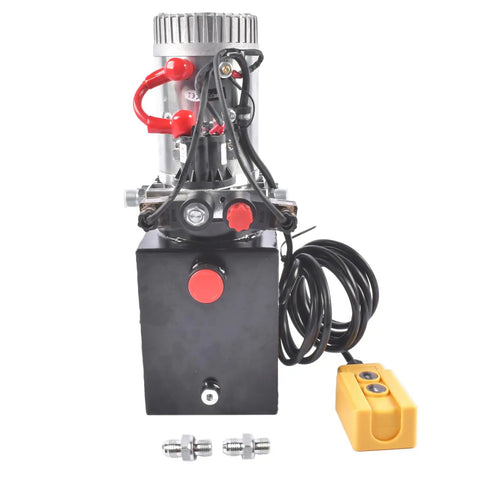 Front view of Beefed-Up 4 Quart Hydraulic Power Unit with 12V DC Motor, 1.6-3.0KW, 3200 PSI Output, Double Acting Electric Pump