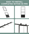Step-by-step assembly of 30 Inch By 84 Inch Frosted Tempered Glass Sliding Barn Door With Pre Drilled Carbon Steel Frame Includes 5ft Hardware Kit And Soft Close Mechanism No Fuss Easy DIY Install Space Saving Modern Door Panel For Homes And Apartments.