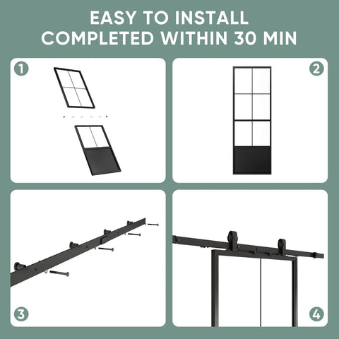 Step-by-step assembly of 30 Inch By 84 Inch Frosted Tempered Glass Sliding Barn Door With Pre Drilled Carbon Steel Frame Includes 5ft Hardware Kit And Soft Close Mechanism No Fuss Easy DIY Install Space Saving Modern Door Panel For Homes And Apartments.