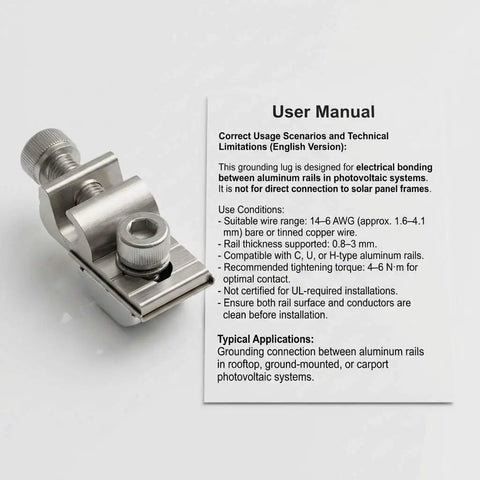 Rock Solid Grounding Lugs 25 Pack Aluminum Alloy Solar Rail Connectors Heavy Duty with user manual for rooftop and carport use.