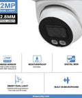 2MP security camera with 2.8mm lens, weatherproof IP67, dual light, digital WDR, built-in microphone features shown.