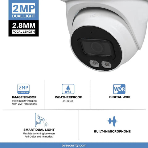 2MP security camera with 2.8mm lens, weatherproof IP67, dual light, digital WDR, built-in microphone features shown.