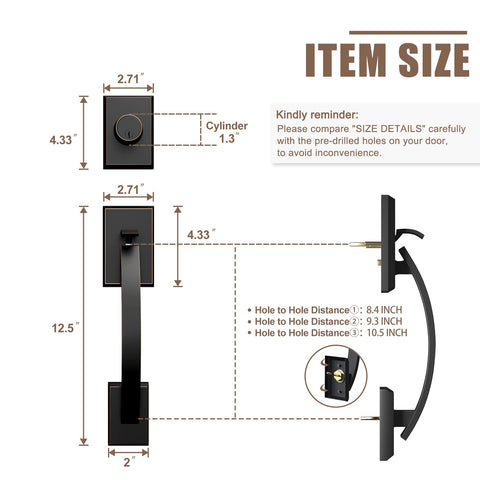 Front Door Lock Set With Double Door Handle And Dummy Exterior Lock Oil Rubbed Bronze Zinc Alloy Universal Reversible Design dimensions