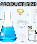 500 Ml Vacuum Filtration Kit With Buchner Funnel And Handheld Vacuum Pump Includes Filter Paper Pack Stoppers Tubing Cleaning Brush And An 80mm Porcelain Funnel Complete Lab Filtration Set For Quick Pro Grade Filtering, featuring flask and components with dimensions.