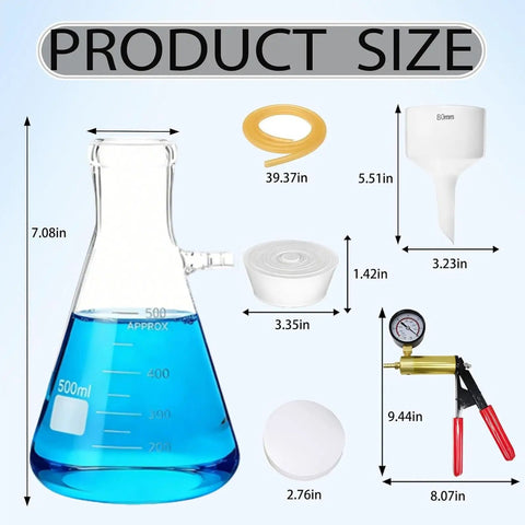 500 Ml Vacuum Filtration Kit With Buchner Funnel And Handheld Vacuum Pump Includes Filter Paper Pack Stoppers Tubing Cleaning Brush And An 80mm Porcelain Funnel Complete Lab Filtration Set For Quick Pro Grade Filtering, featuring flask and components with dimensions.