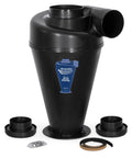 Ultimate Cyclone Attachment For Single Stage Dust Collectors 0.5 To 3HP, Boost Airflow And Capture 99 Percent Dust Like A Boss, shown unassembled, black color, front view.