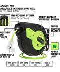 Retractable Extension Cord Reel With 60 Foot 12/3 AWG SJTOW Beefy Heavy Duty Cord, Grounded Triple Tap Outlet, Resettable Circuit Breaker