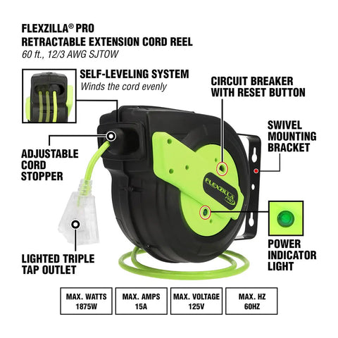 Retractable Extension Cord Reel With 60 Foot 12/3 AWG SJTOW Beefy Heavy Duty Cord, Grounded Triple Tap Outlet, Resettable Circuit Breaker