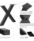 X Shape 16 Inch Metal Bench Legs Set with detailed features: 4x4in plate, bolts, 1/8in thickness, anti-slip for coffee tables and end tables.