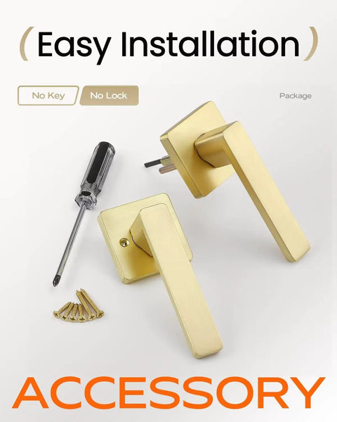 6 Pack Keyless Interior Door Handles With Passage Door Lever In Light Satin Brass Finish, Easy Installation Accessories Shown