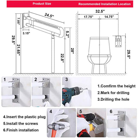 Foldable Stainless Steel Toilet Grab Bar With 304 Grade Frame Anti Slip Shower Handrail Flip Up Bathroom Seat Support Bar Heavy Duty Bathtub Arm Grip For Safe Access And Stability Supports Up To 450 Lbs