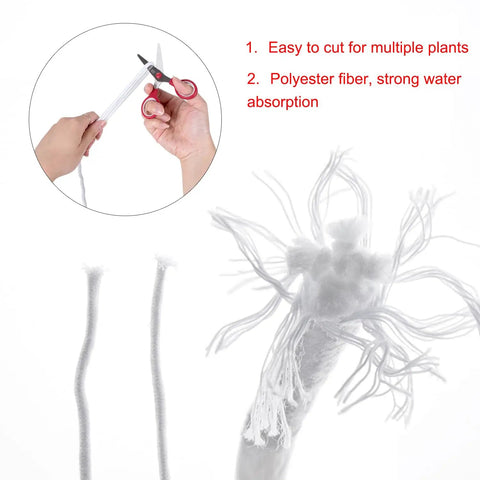 15 Foot Self Watering Capillary Wick Cord for Plants and DIY Hydroponics, close-up of polyester fiber being cut with scissors