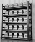 Heavy Duty 6-Tier Garage Shelving Unit With 1980 Lbs Load Capacity Rock Solid Steel Racking holding weights in workshop.