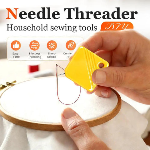 Close-up of automatic needle threader for hand sewing and sewing machines, with yellow durable plastic design for easy use.