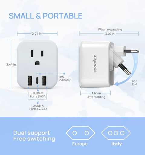 All In One Universal EU Travel Plug Adapter compact design with foldable prongs, shown with measurements and dual support ports.